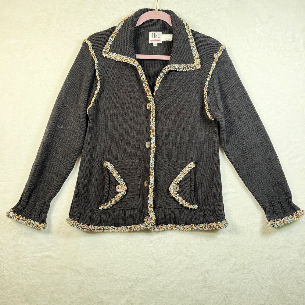 Vintage FIA Italia Hand Loomed Cardigan Jacket M Black Multicolor Trim